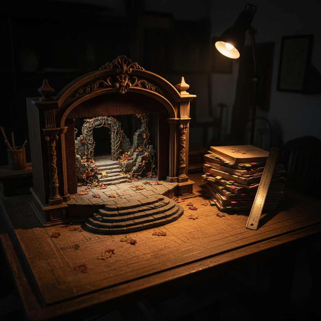 An antique wooden stage model sits on a drafting table, its miniature proscenium arch framing a tiny, meticulously detailed set: cracked stone steps, an overgrown archway, and scattered fallen leaves painted in deep rust tones. At the table’s edge, a stack of printed plays with colored tabs and dog-eared pages is weighted down by a metal scale ruler. Overhead, a single spotlight lamp shines down, creating dramatic, theatrical lighting that carves stark shadows into the model’s textures while leaving the surrounding studio in velvety darkness. Shot from a slightly elevated angle in crisp photographic realism, the focus rests on the tiny stage world, while the margins fall into soft blur. The atmosphere is sophisticated and mysterious, suggesting a mythic, emotionally charged drama waiting to be brought to life.