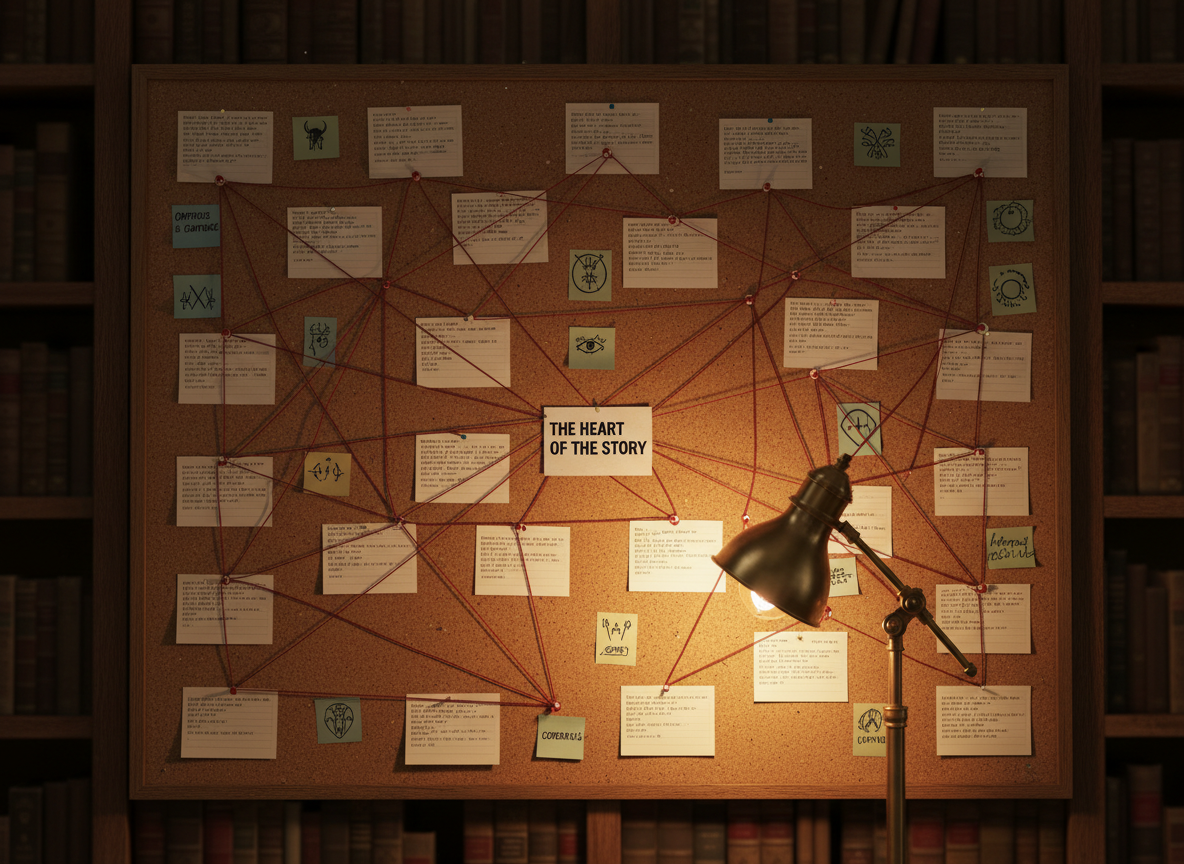 A corkboard covered in interconnected story beats dominates a dim, book-lined study wall. Neatly typed scene cards in slightly yellowed paper are pinned in clusters, connected by dark red string that zigzags across the board like a web. Small sticky notes hold cryptic mythological references, symbols, and location names, while a single index card at the center reads “THE HEART OF THE STORY” in bold type. A brass desk lamp with a warm filament bulb casts focused, amber light across the board, leaving the surrounding bookshelves to fade into soft shadow. Photographed straight on with moderate depth of field, the intricate network of cards is sharp while the periphery gently blurs, creating a cinematic, noir-inflected mood that suggests suspenseful, meticulously constructed storytelling.