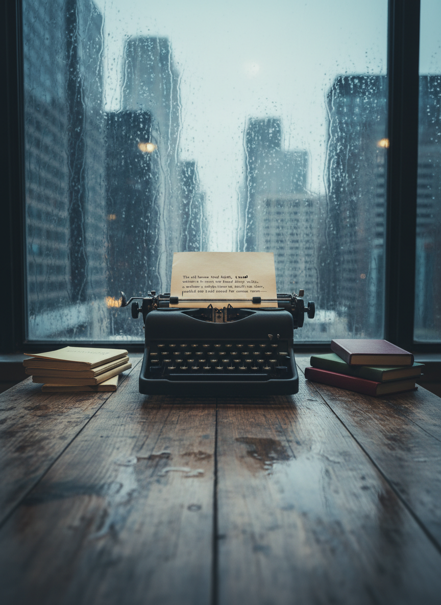 A solitary typewriter sits at the end of a long, weathered wooden table facing a large, rain-streaked window that overlooks a vague, blurred cityscape. The typewriter’s matte black metal keys gleam subtly, a single sheet of paper threaded through the platen bearing a half-finished, suspenseful sentence abruptly ending with an em dash. Small stacks of dog-eared scripts and thin, cloth-bound books flank the machine. Cool, overcast daylight seeps through the glass, diffused by the raindrops, creating gentle reflections on the table’s surface and faint shadows behind the stacks. Captured from a slightly low, cinematic angle with rule-of-thirds composition, the scene feels moody, quiet, and introspective, evoking the tension of a story paused at the edge of revelation in rich photographic detail.